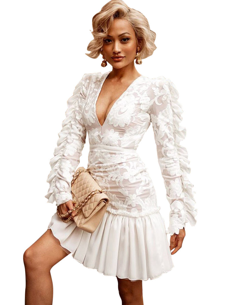 Low V-neck Mesh Lace Frilled Chiffon Hem Dress Low V-neck Mesh Lace Frilled Chiffon Hem Dress