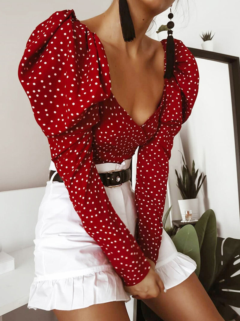 Drop V-Neck Copper Spot Printed Puff Sleeves Ruched Wrap Blouse Drop V-Neck Copper Spot Printed Puff Sleeves Ruched Wrap Blouse