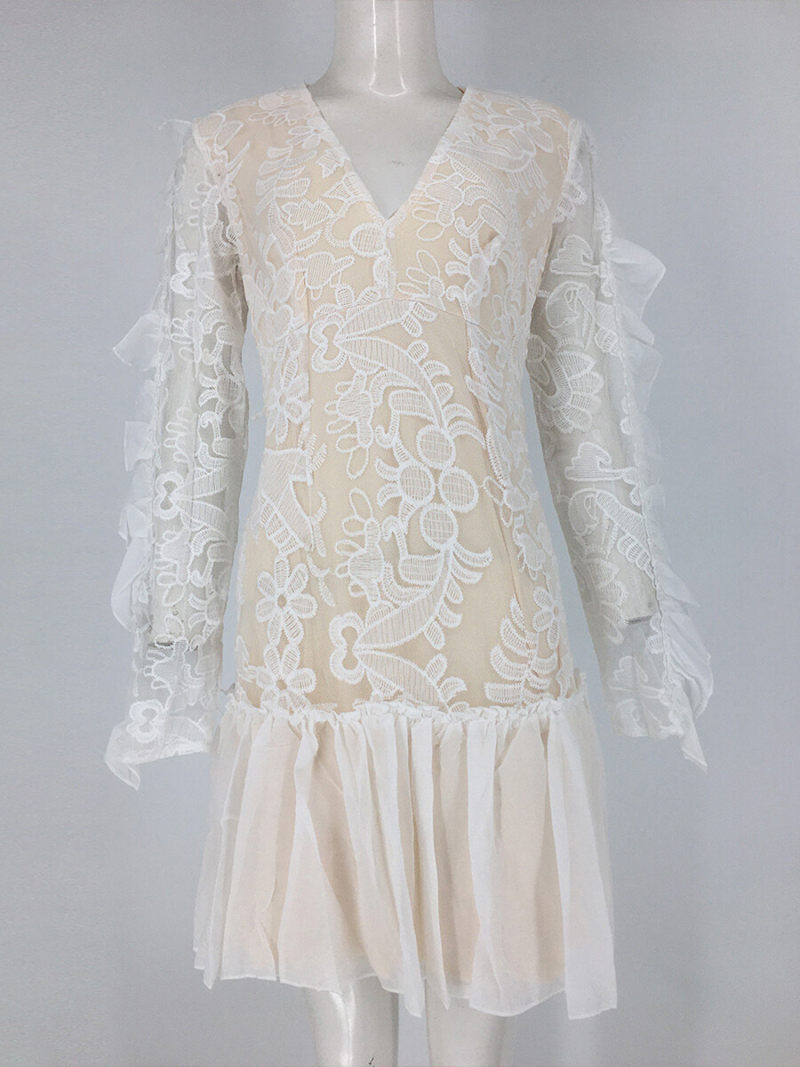 Low V-neck Mesh Lace Frilled Chiffon Hem Dress Low V-neck Mesh Lace Frilled Chiffon Hem Dress