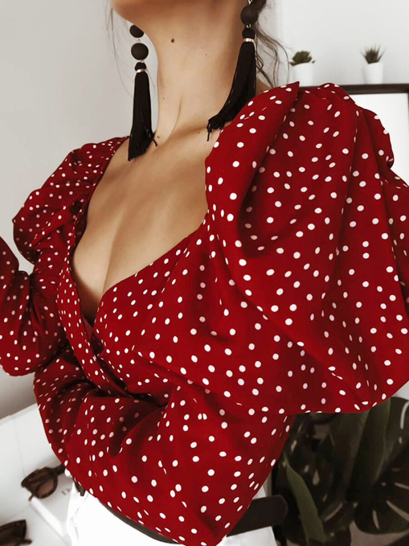 Drop V-Neck Copper Spot Printed Puff Sleeves Ruched Wrap Blouse Drop V-Neck Copper Spot Printed Puff Sleeves Ruched Wrap Blouse