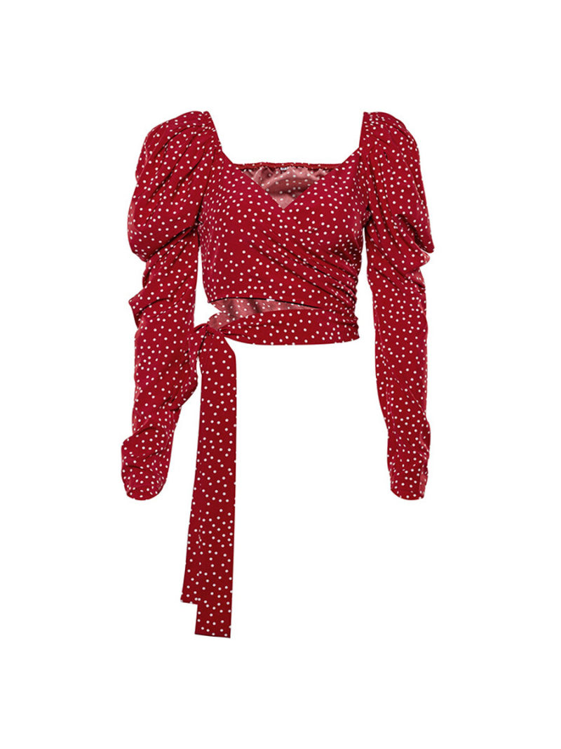 Drop V-Neck Copper Spot Printed Puff Sleeves Ruched Wrap Blouse Drop V-Neck Copper Spot Printed Puff Sleeves Ruched Wrap Blouse