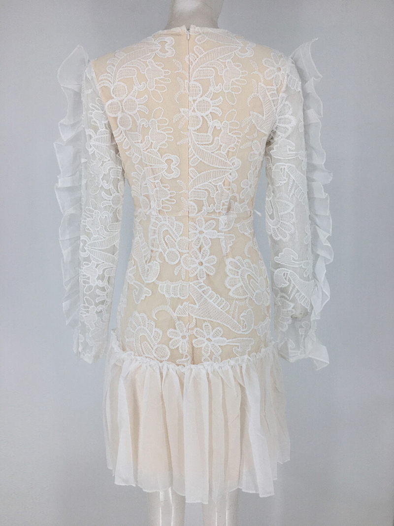 Low V-neck Mesh Lace Frilled Chiffon Hem Dress Low V-neck Mesh Lace Frilled Chiffon Hem Dress