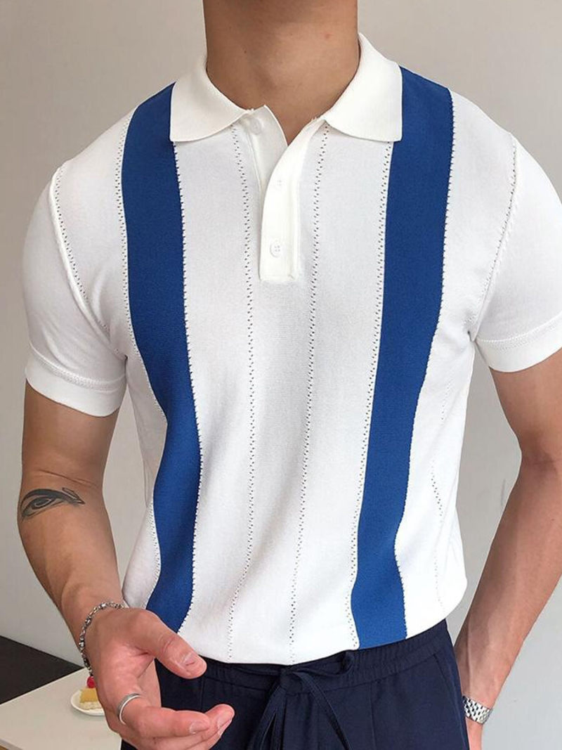 Polo With Printed Two Line Stripe On Front Polo With Printed Two Line Stripe On Front