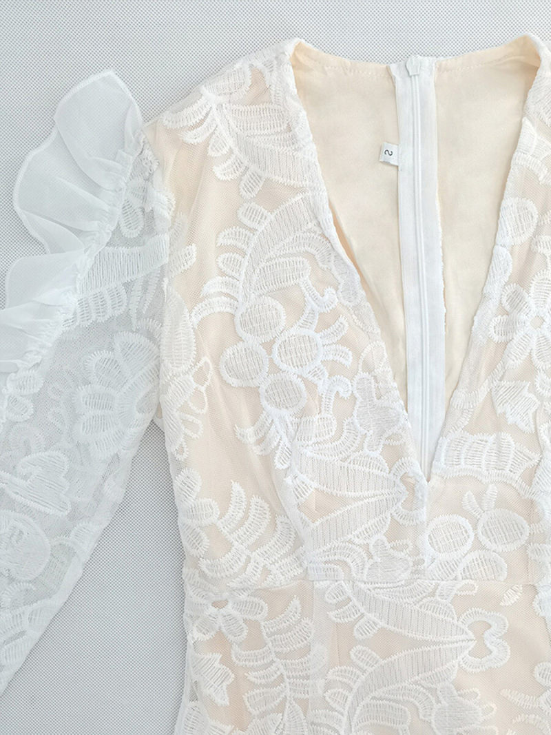 Low V-neck Mesh Lace Frilled Chiffon Hem Dress Low V-neck Mesh Lace Frilled Chiffon Hem Dress