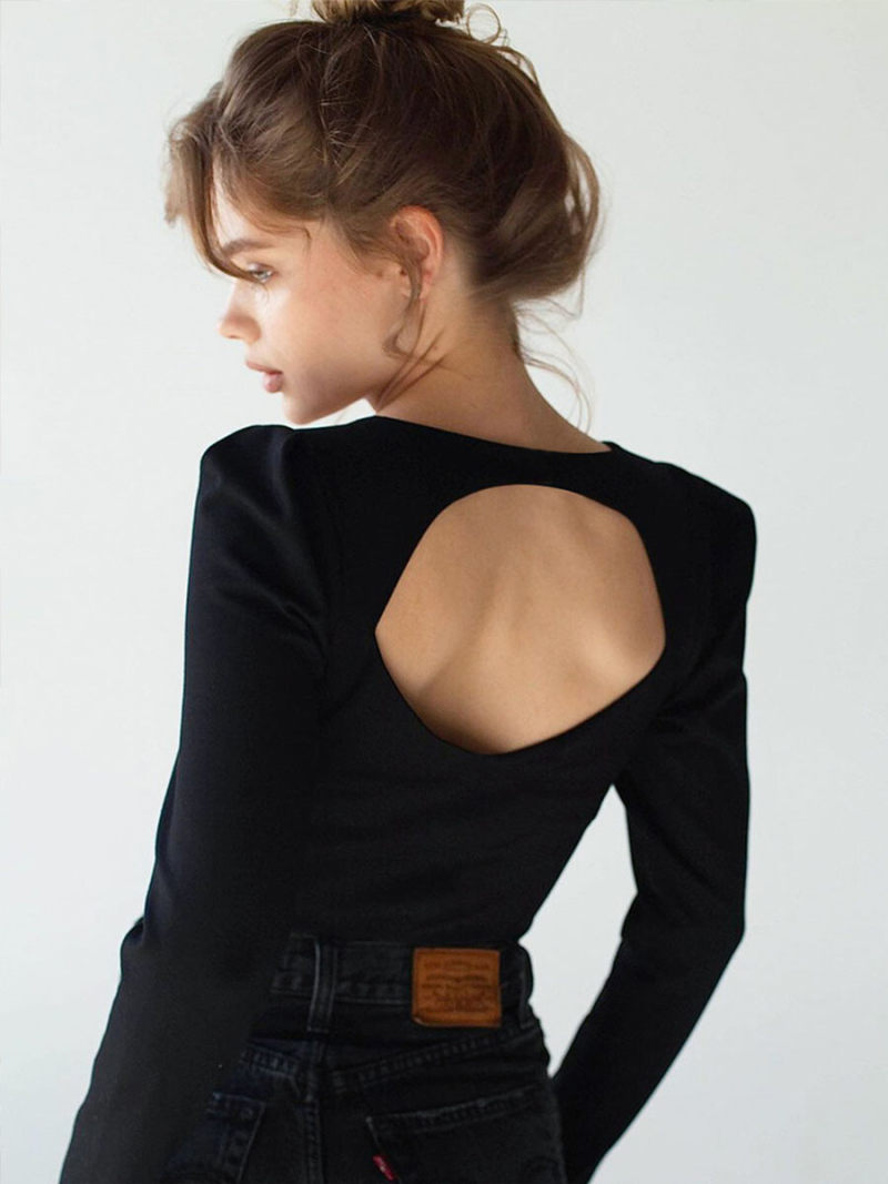 Short black hollow out long sleeve T-shirt Short black hollow out long sleeve T-shirt