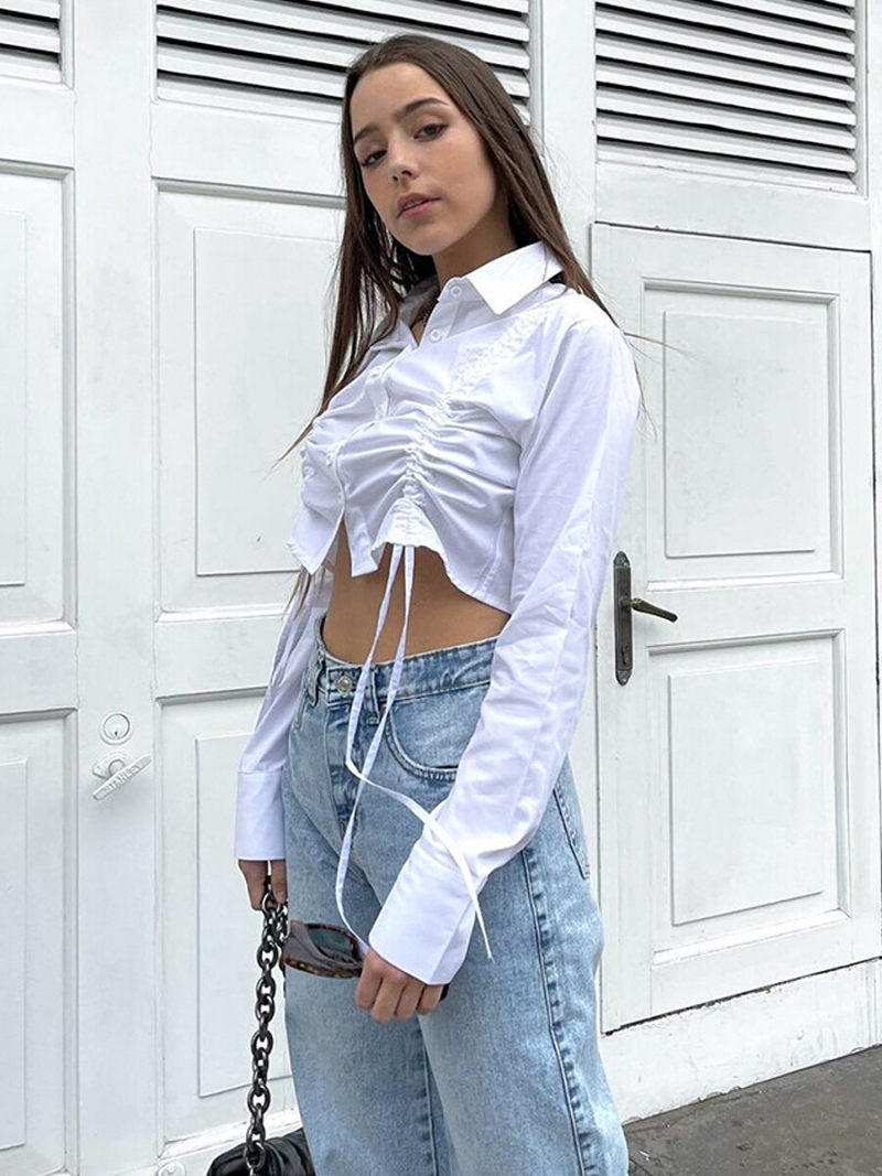 Collar Button Through Tie Detail Ruched Long Sleevs Hourglass Blouse Collar Button Through Tie Detail Ruched Long Sleevs Hourglass Blouse