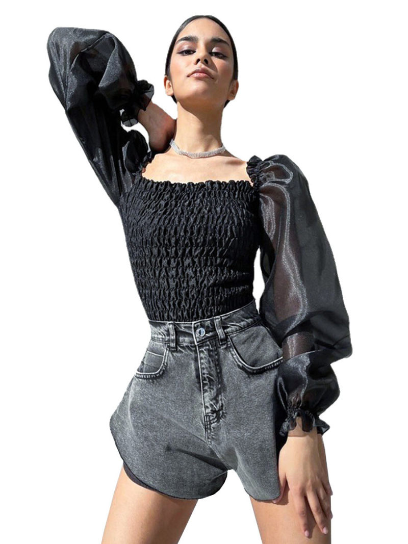 Square Neck Ruched Body And Lantern Sleeves Square Neck Ruched Body And Lantern Sleeves