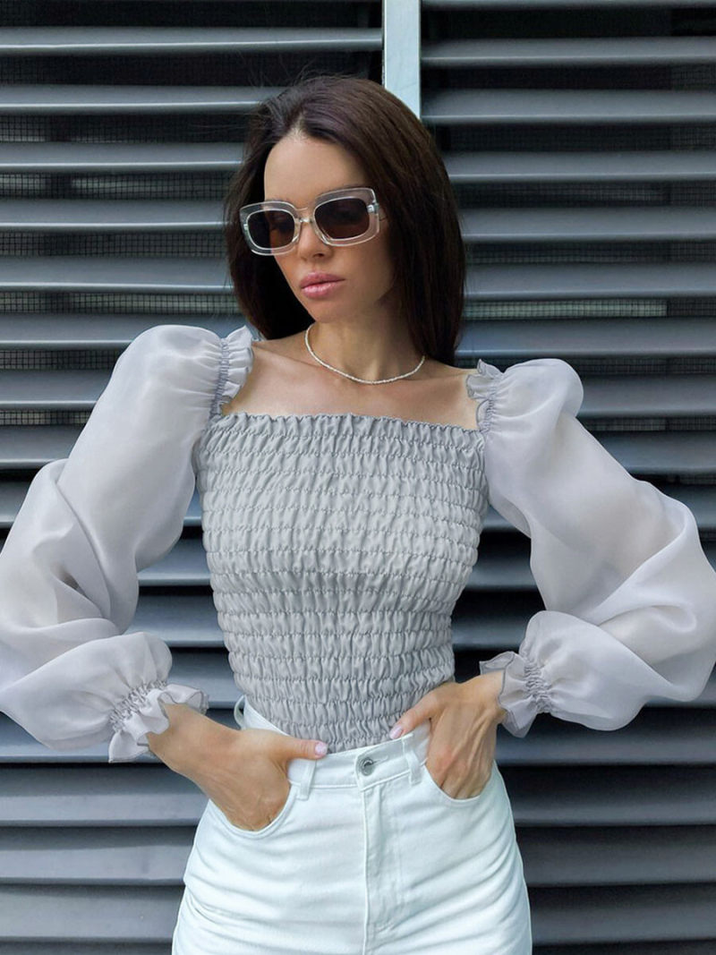 Square Neck Ruched Body And Lantern Sleeves Square Neck Ruched Body And Lantern Sleeves