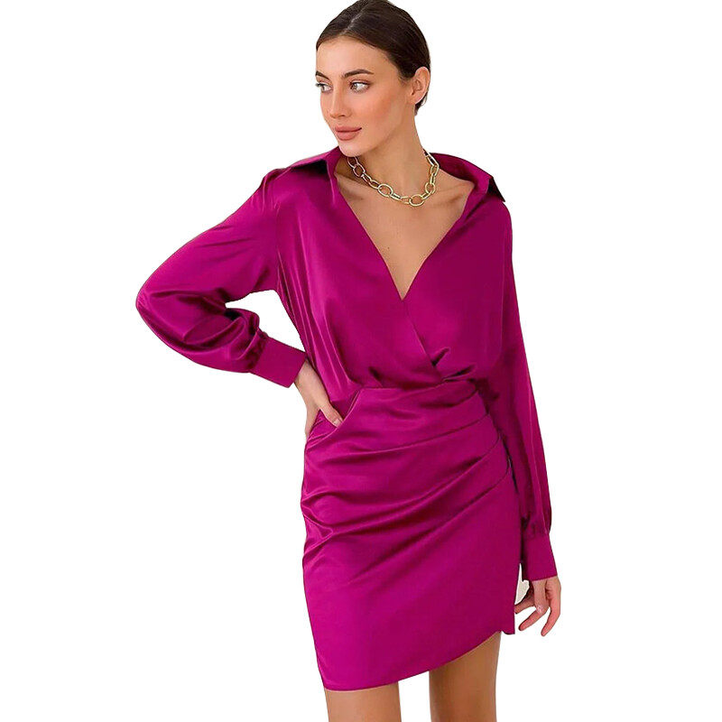 Deep v-neck temperament of emulation silk skirt Deep v-neck temperament of emulation silk skirt