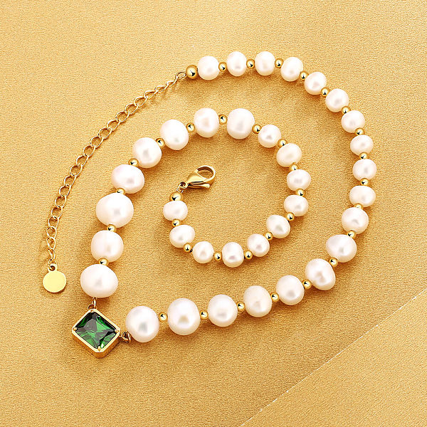 8mm May Birthstone Emerald Freshwater Pearl Beaded Necklace 8mm May Birthstone Emerald Freshwater Pearl Beaded Necklace