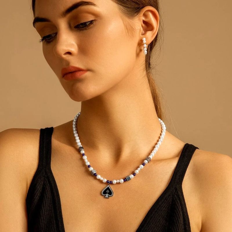 6mm 18in Shell Pearls Necklace with Spade Pendant for Women 6mm 18in Shell Pearls Necklace with Spade Pendant for Women