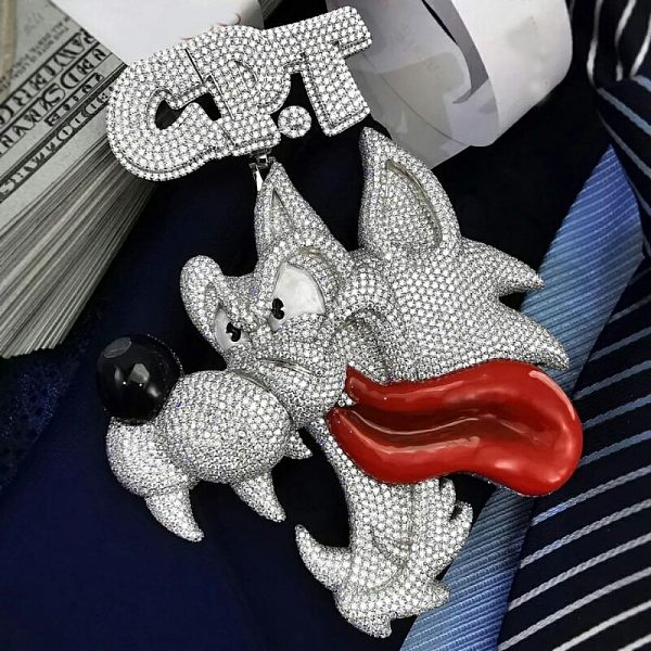 Custom Wolf Pendant With Enamel Tongue, 925 Sterling Silver Vvs Moissanite Diamond, Pass Diamond Tester Iced Out Hip Hop Jewelry Custom Wolf Pendant With Enamel Tongue, 925 Sterling Silver Vvs Moissanite Diamond, Pass Diamond Tester Iced Out Hip Hop Jewelry