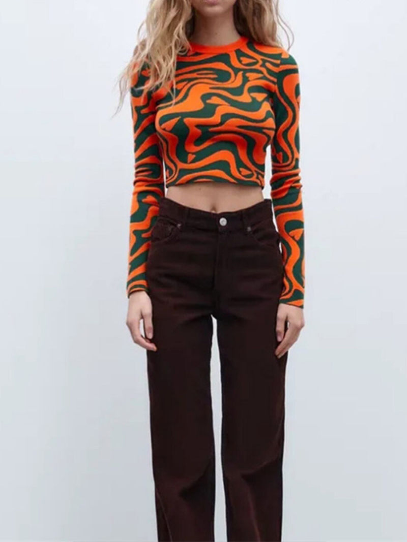 Printed round neck long sleeve T-shirt