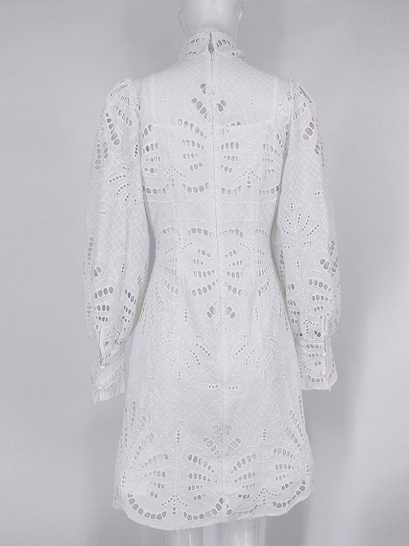 Floral Lace Stand Neck Lanter Sleeves  Mini Dress  With  Wrap Belted