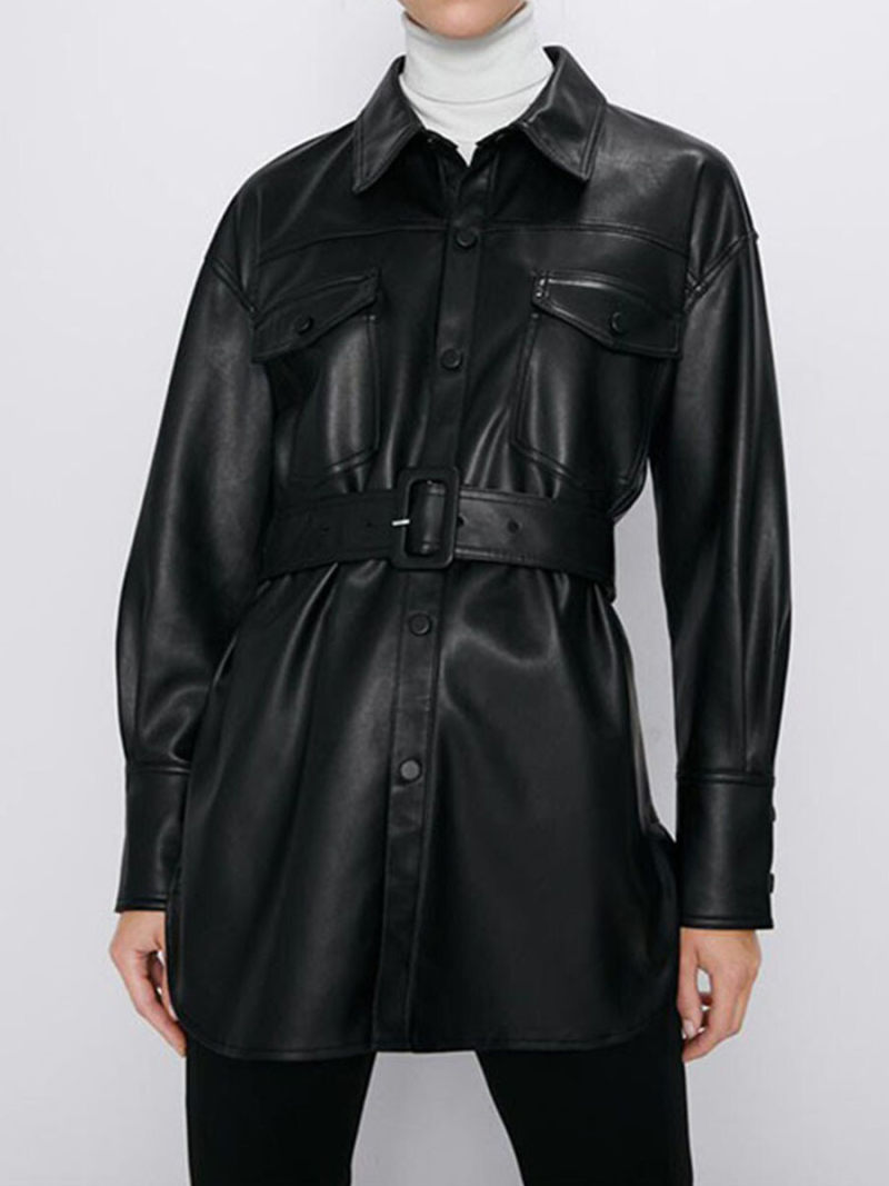 Pure color imitation leather jacket