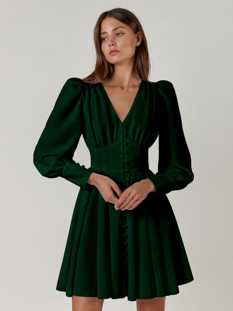 Solid V-neck Lanter  Sleeves Button Through   A-line   Mini  Dress