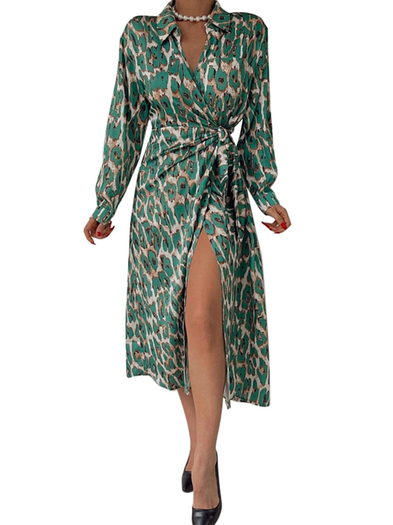 Allover Animal Print  Collared  Waist  Belted  Split Side Shirt Dress
