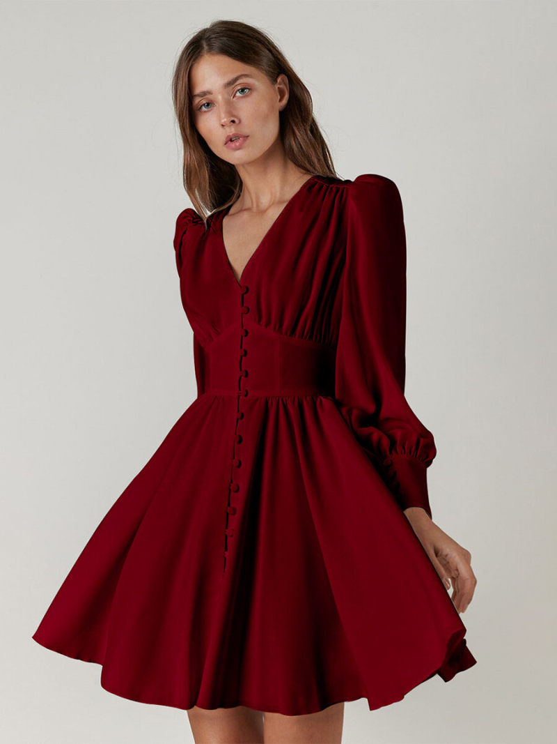 Solid V-neck Lanter  Sleeves Button Through   A-line   Mini  Dress