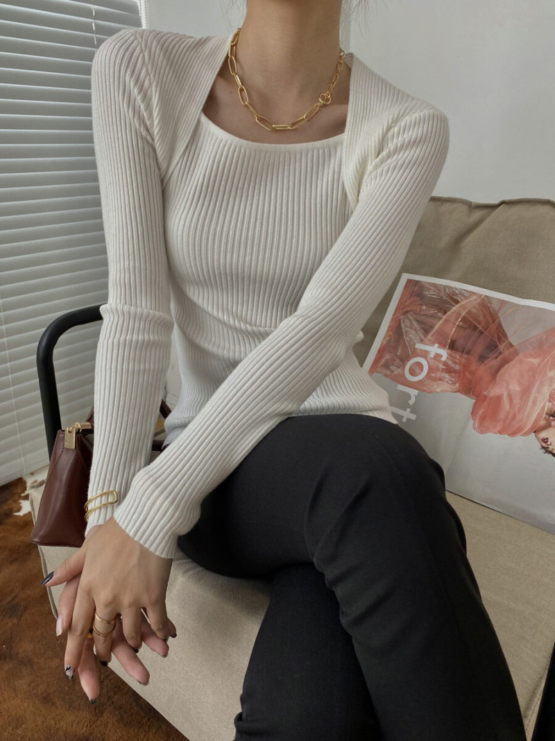 Square Neck Long Sleeves Slim Knitted Tunic