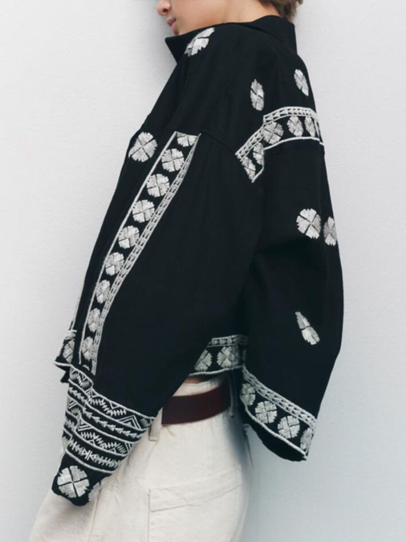 Embroidery black denim jacket coat