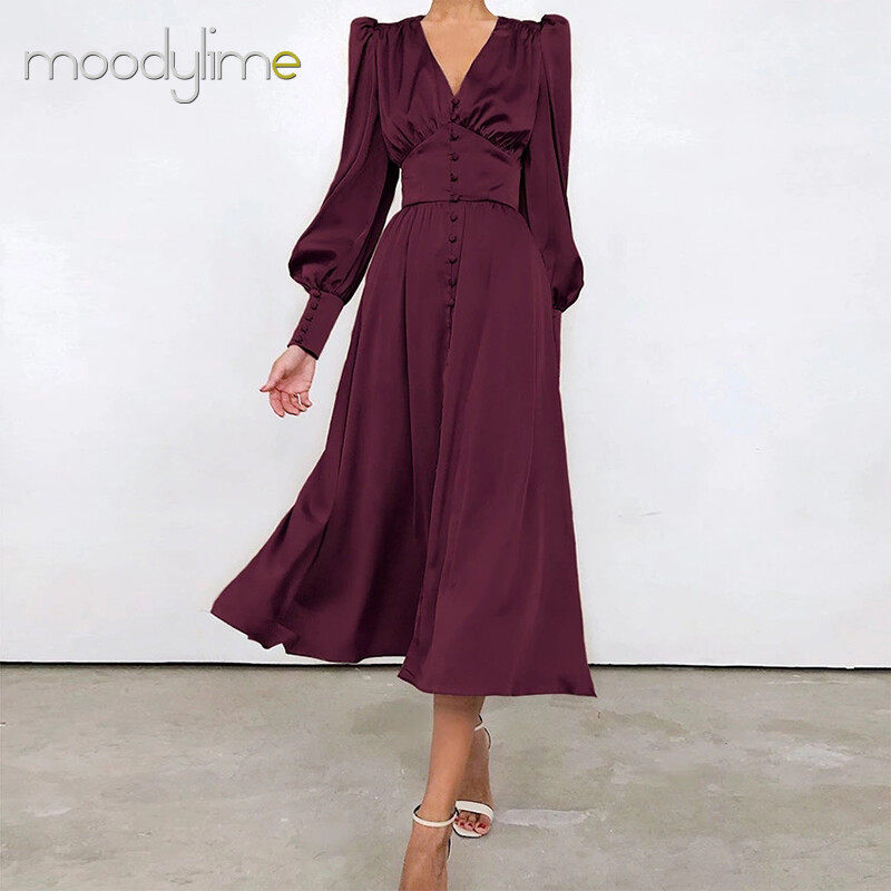 V-neck Lantern Sleeves Ruched Waist Maxi Dress