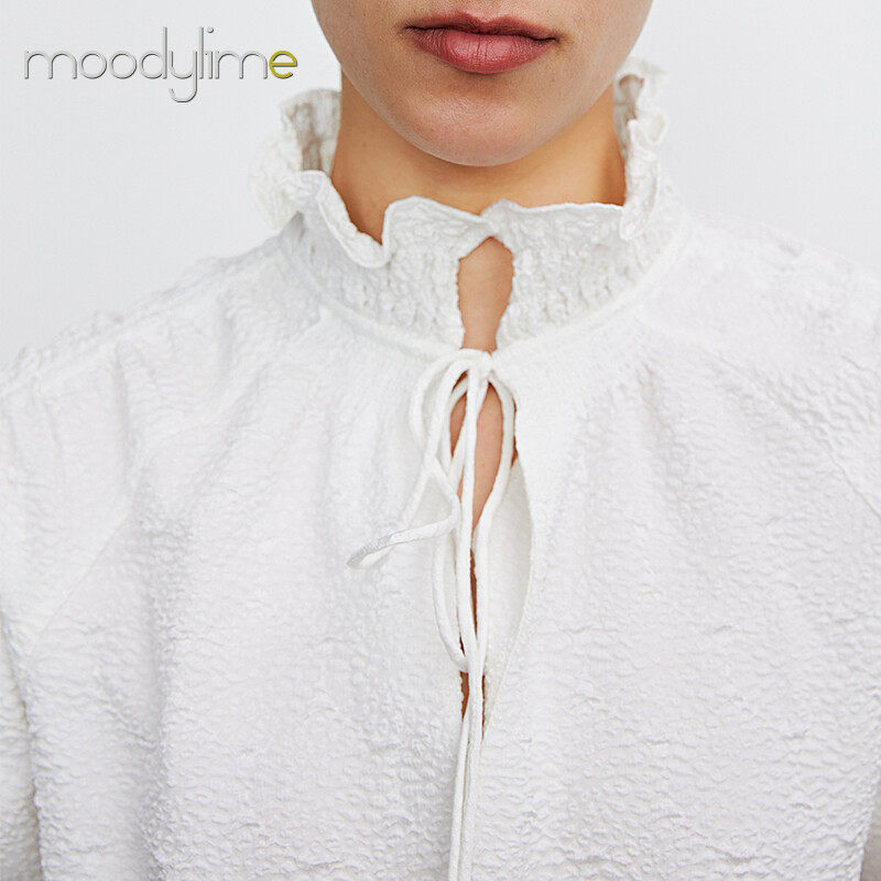 High Neck Tie Details Ruched Sleeves Blouse