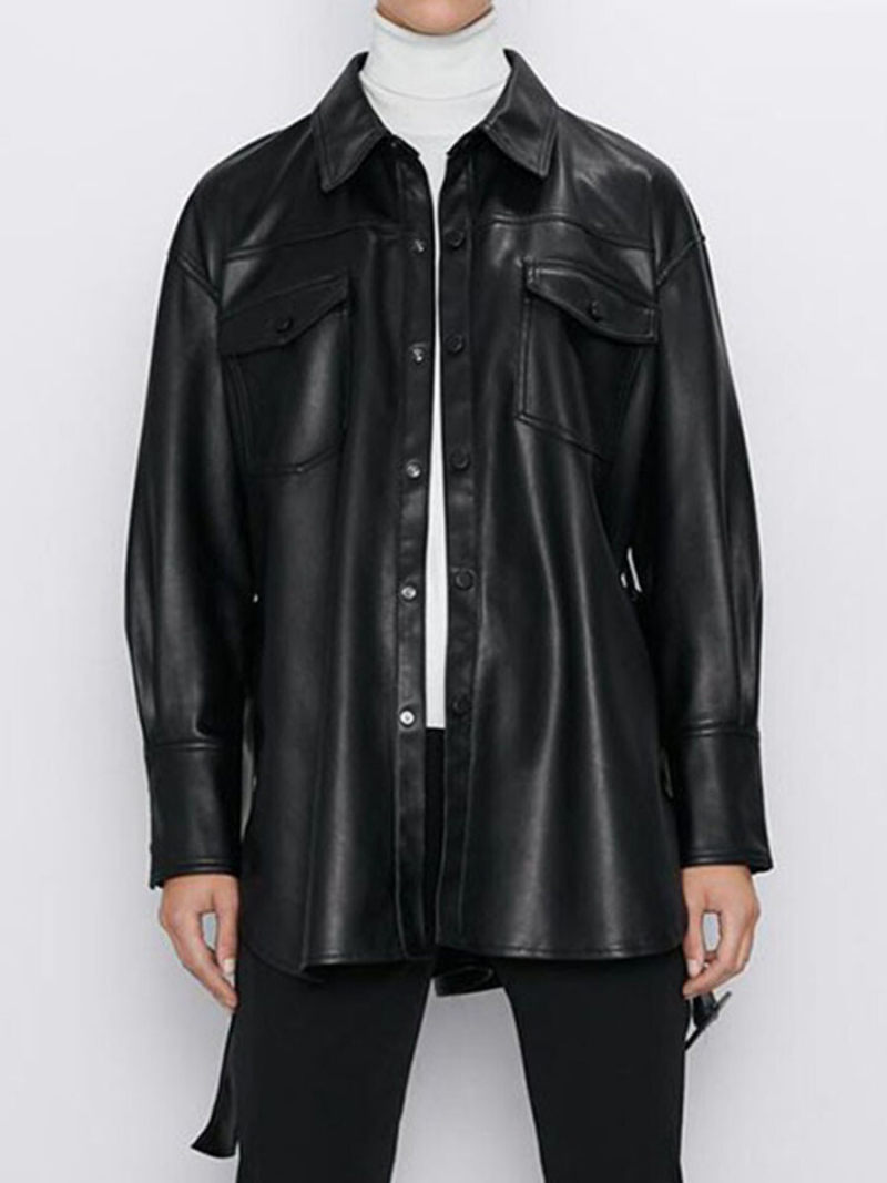 Pure color imitation leather jacket