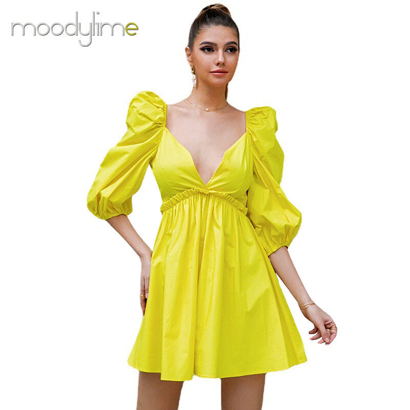 Solid V neck Puff Sleeves Mini  Dress