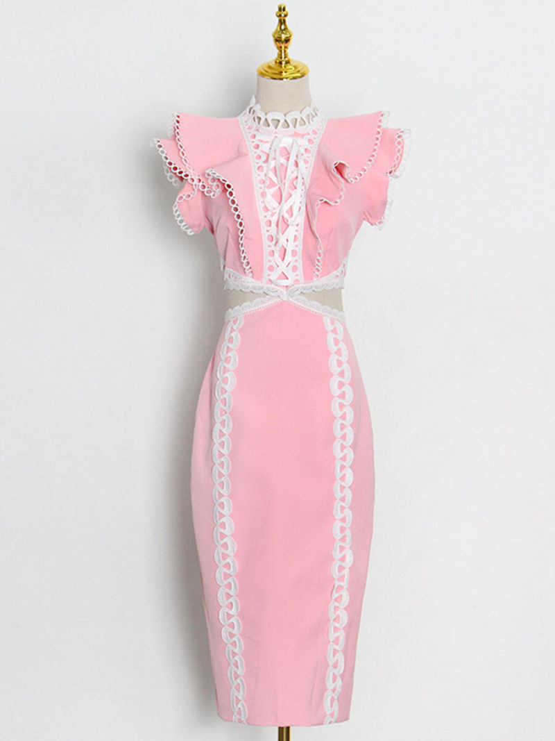 High Neck Cut Out Waist Maxi Dress With Lace Details