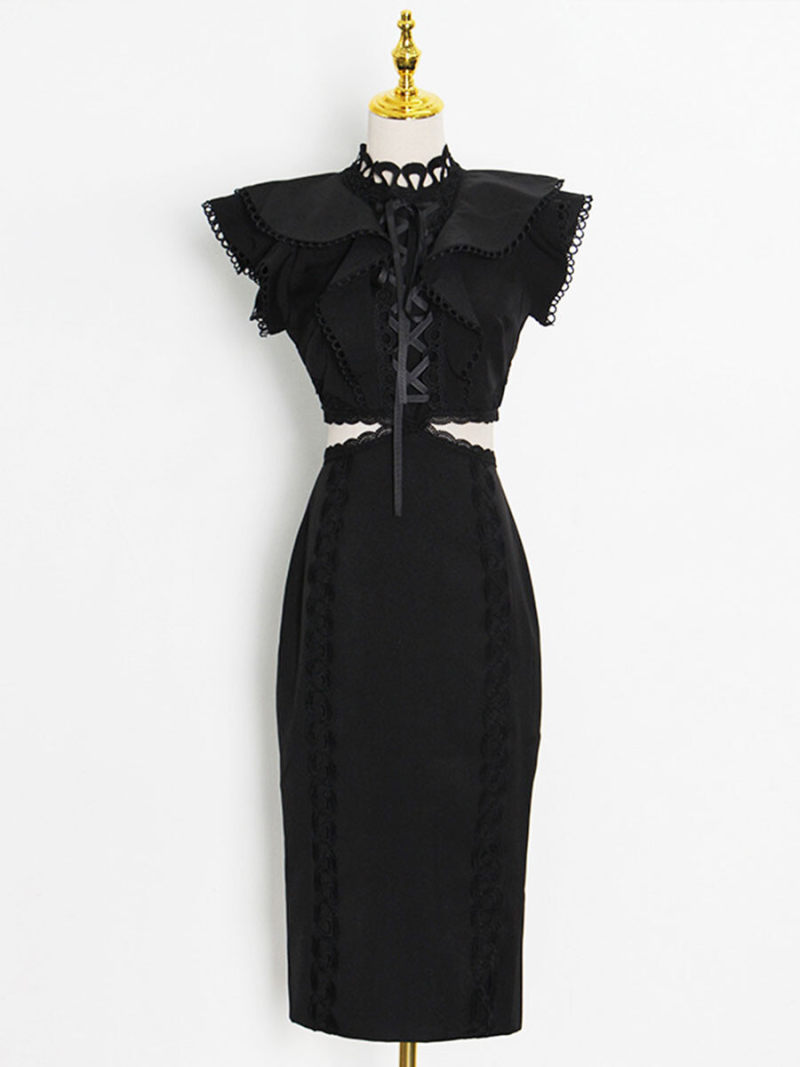 High Neck Cut Out Waist Maxi Dress With Lace Details