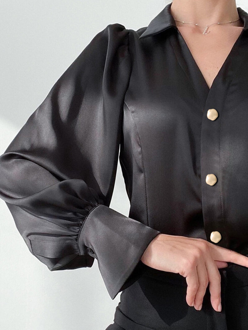 Collar  V-neck Button Front   Blouson Sleeves Blouse