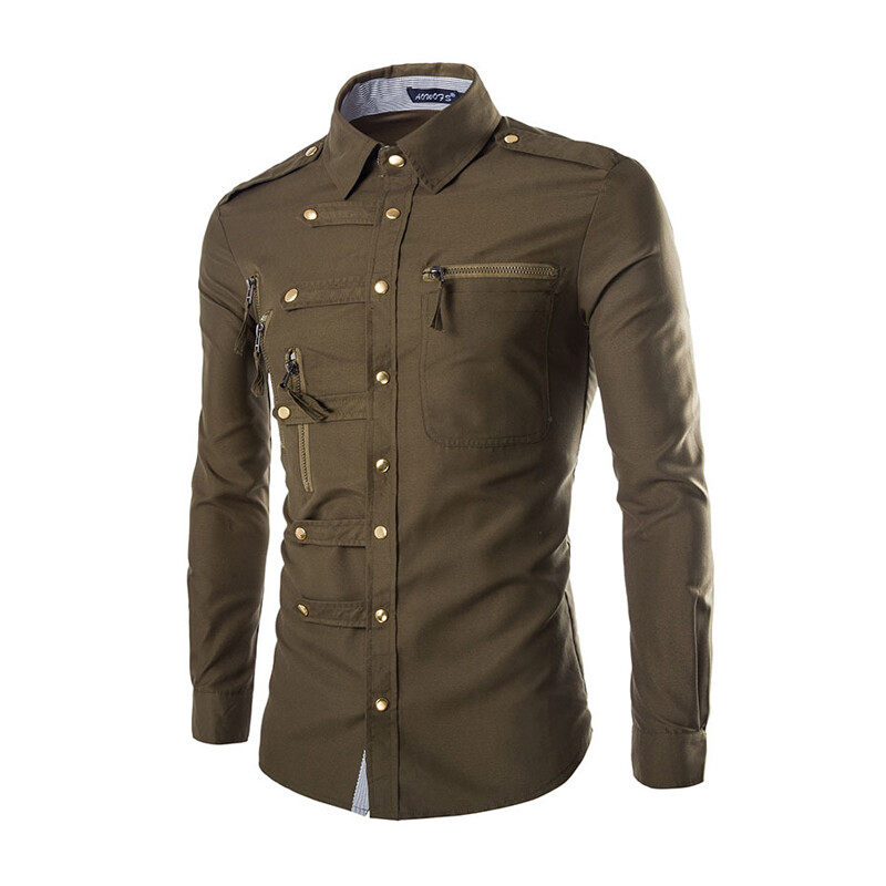 Worker Shirt In Black With Zipper Pockets On Front