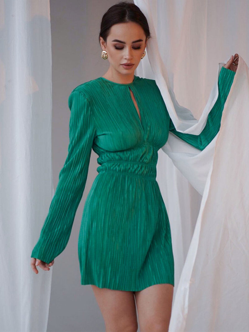 Solid Ruffled Long Sleeves  A-line Mini  Dress