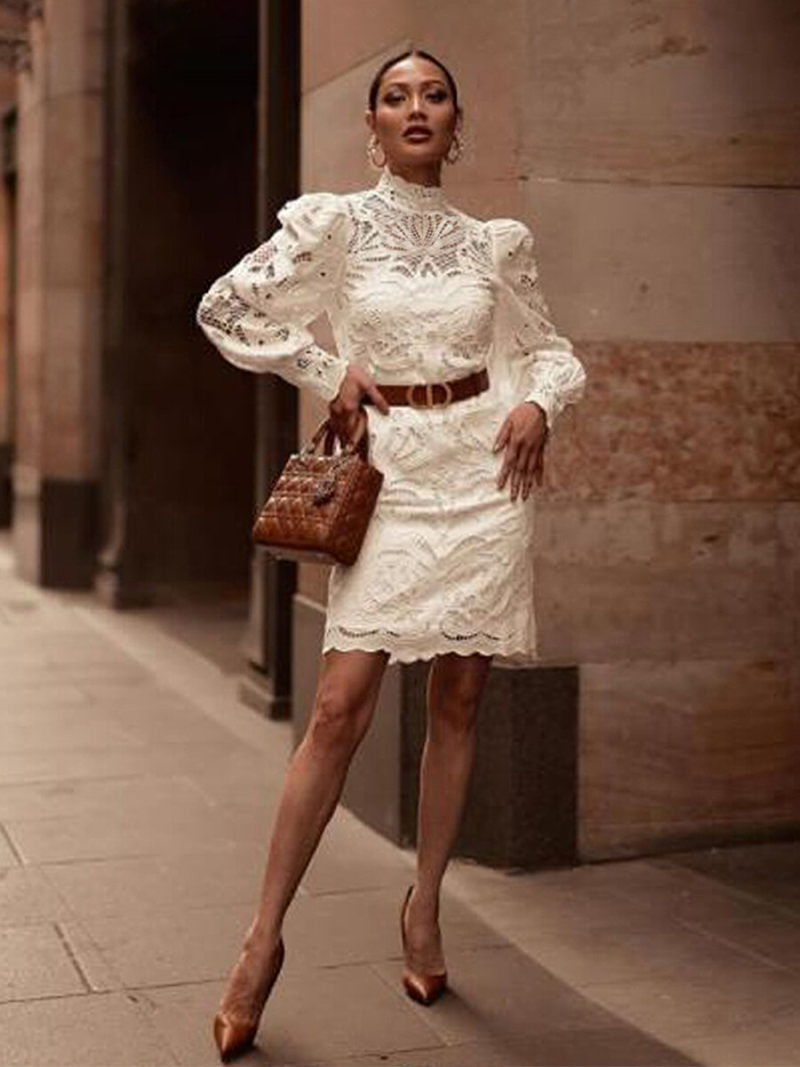 Floral Lace Stand Neck Lanter Sleeves  Mini Dress  With  Wrap Belted