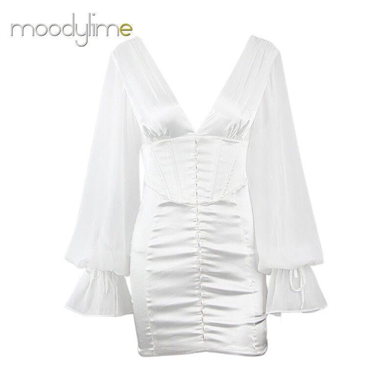 Solid V neck Lantern Sleeves Bodycon  Mini Dress