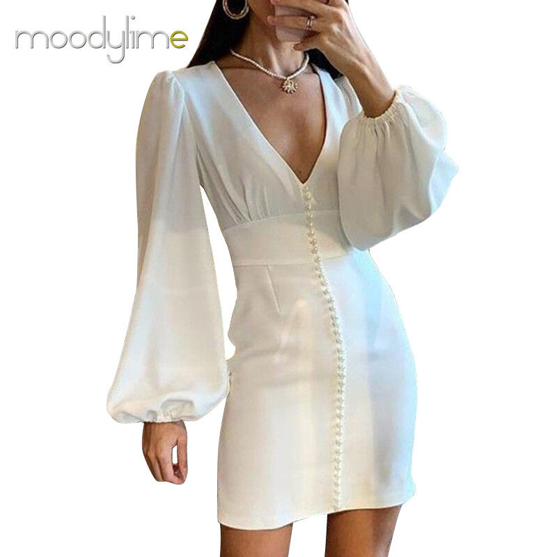 Solid V neck Lantern Sleeves Mini  Dress