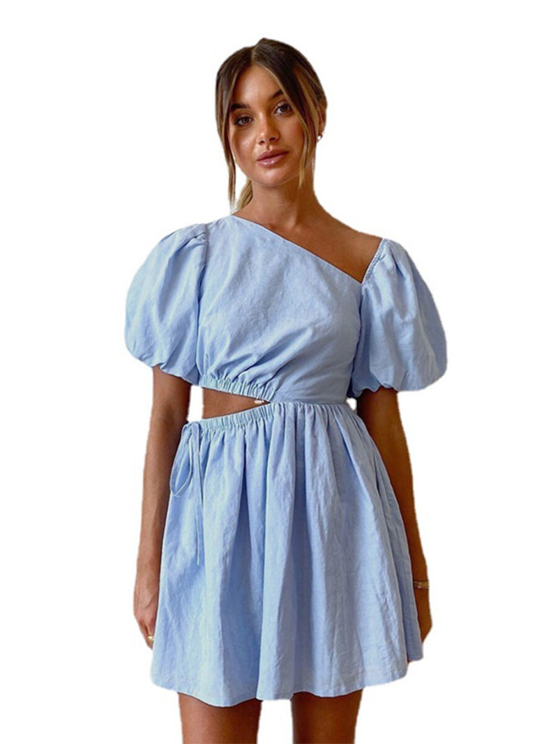 Solid Cotton Puff Sleeve  Cutout Waist  Mini Dress