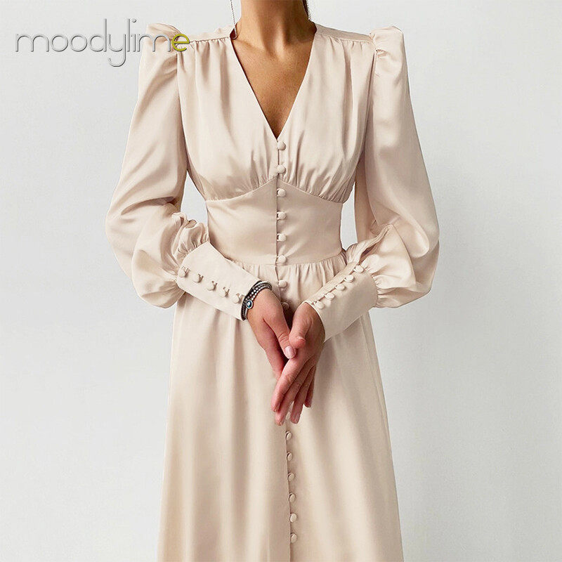 V-neck Lantern Sleeves Ruched Waist Maxi Dress