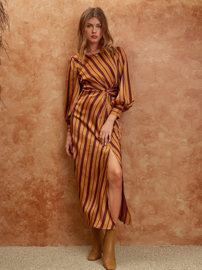 Stripe Lantern Sleeve High Drape Neck   Side Split  Maxi Dress