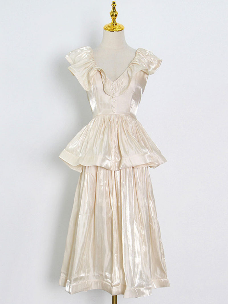 V-Neck With Frills Details Maxi Dress