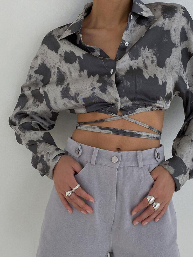 Printed Collar Button Through Tie Detail Long Sleevs Hourglass Blouse