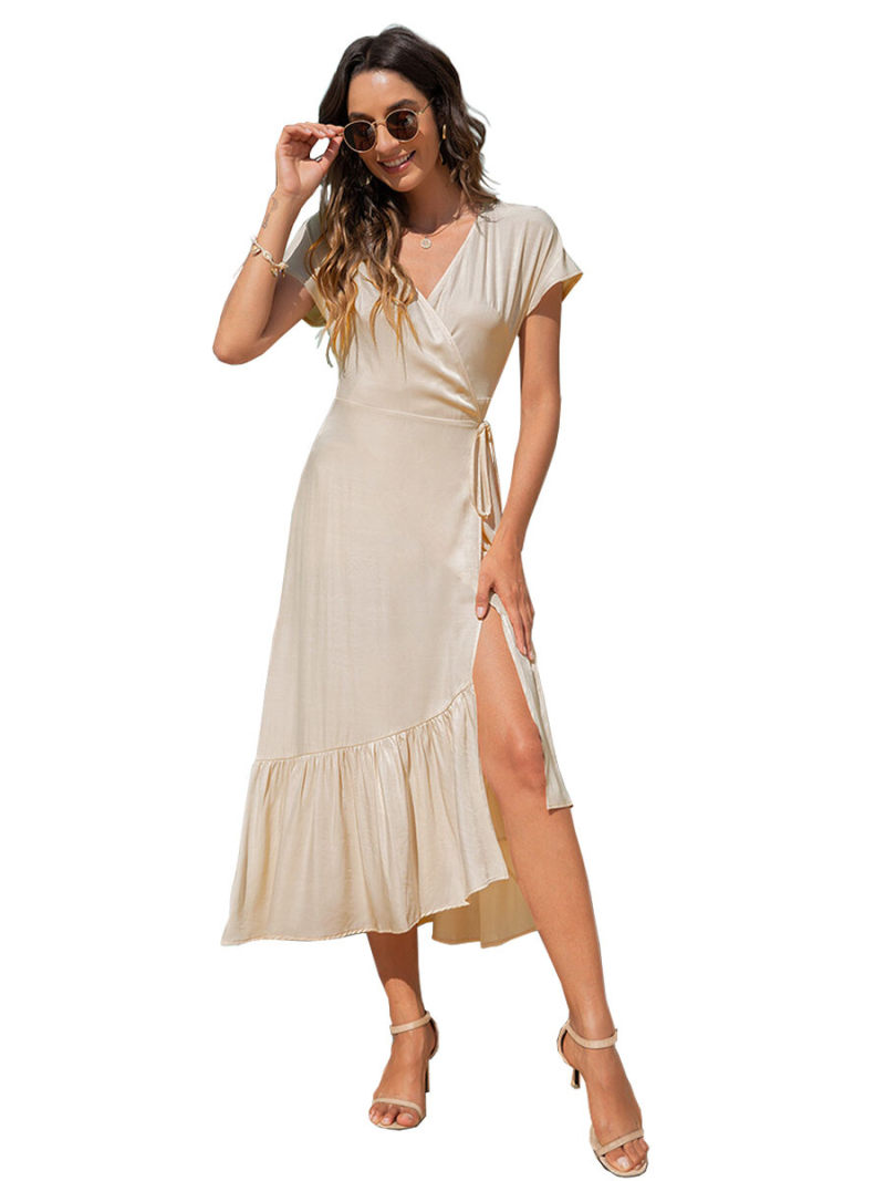 Sold V-neck Side   Split  Drape Sleeves Drawstring Waist  Mide  Dress