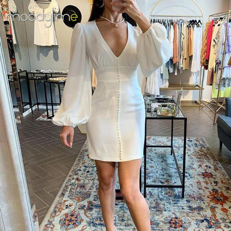 Solid V neck Lantern Sleeves Mini  Dress