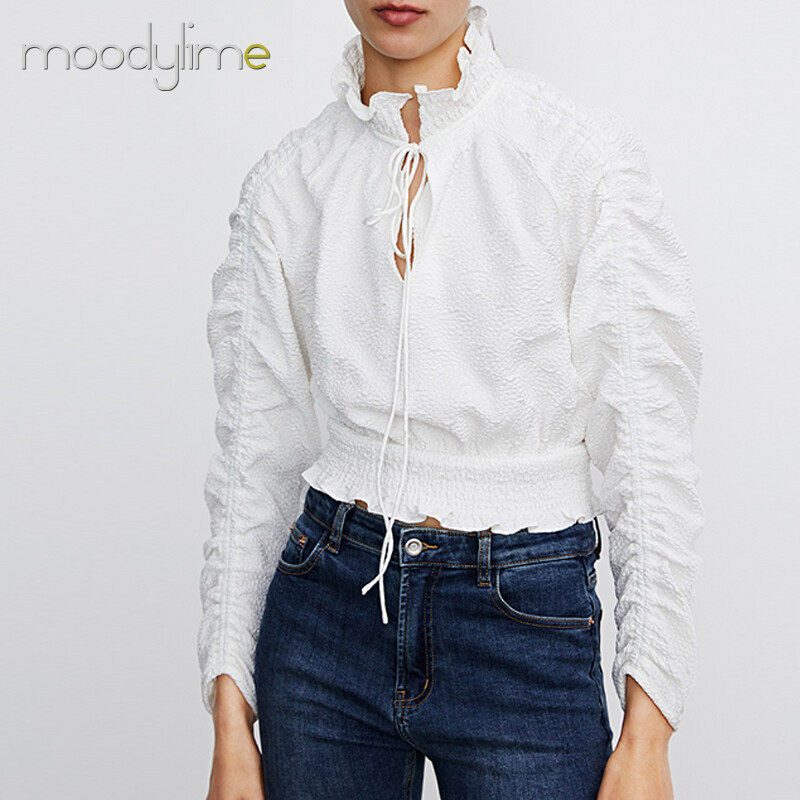 High Neck Tie Details Ruched Sleeves Blouse