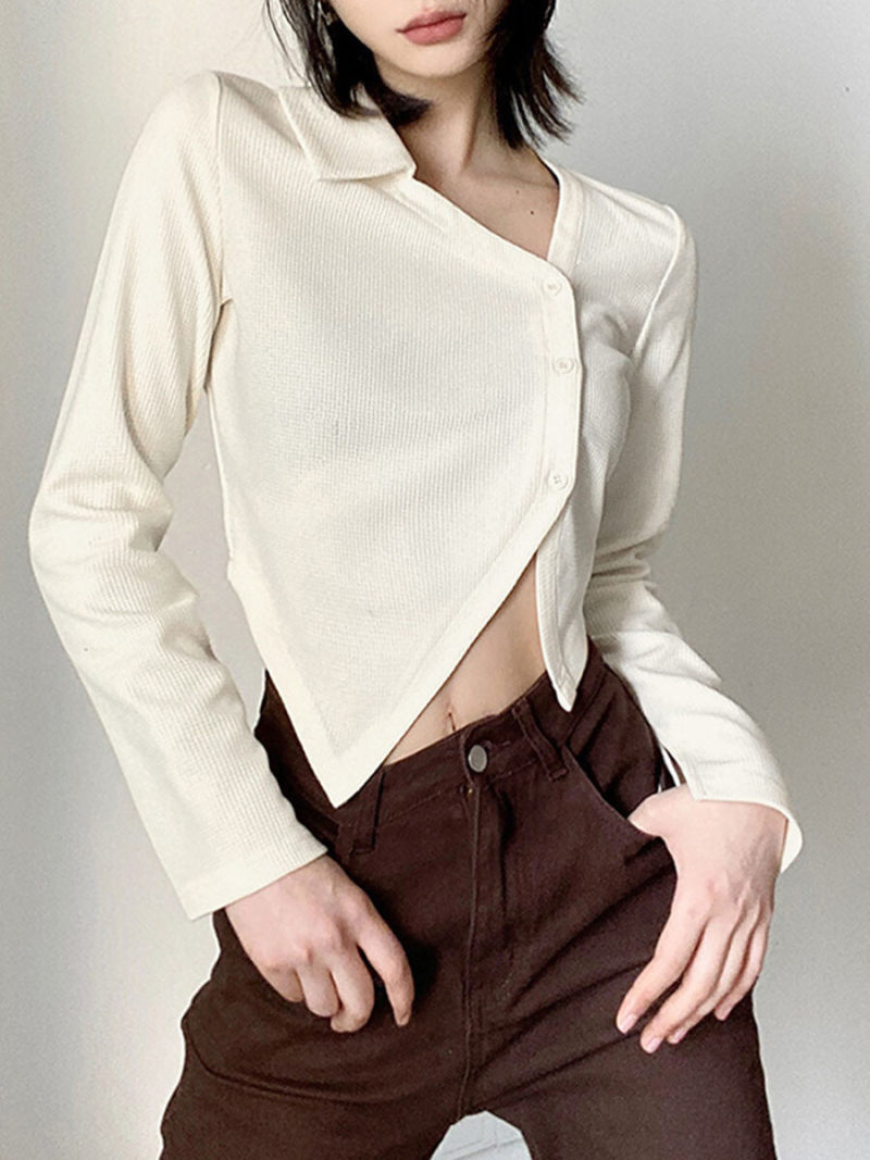 Pure color fashion irregular long sleeve T-shirt