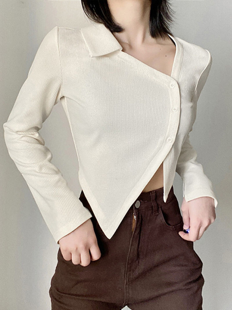 Pure color fashion irregular long sleeve T-shirt