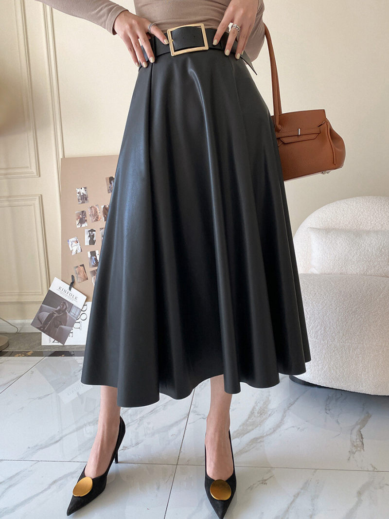 Belted Pleated Pu  Skirt