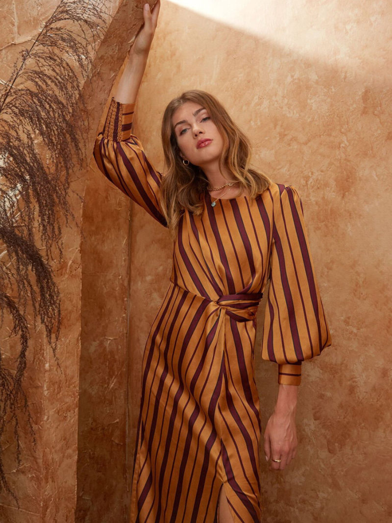 Stripe Lantern Sleeve High Drape Neck   Side Split  Maxi Dress