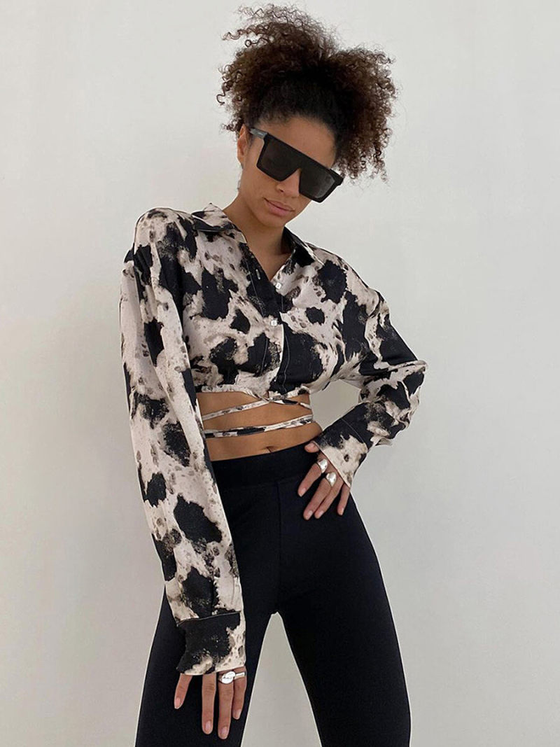 Printed Collar Button Through Tie Detail Long Sleevs Hourglass Blouse