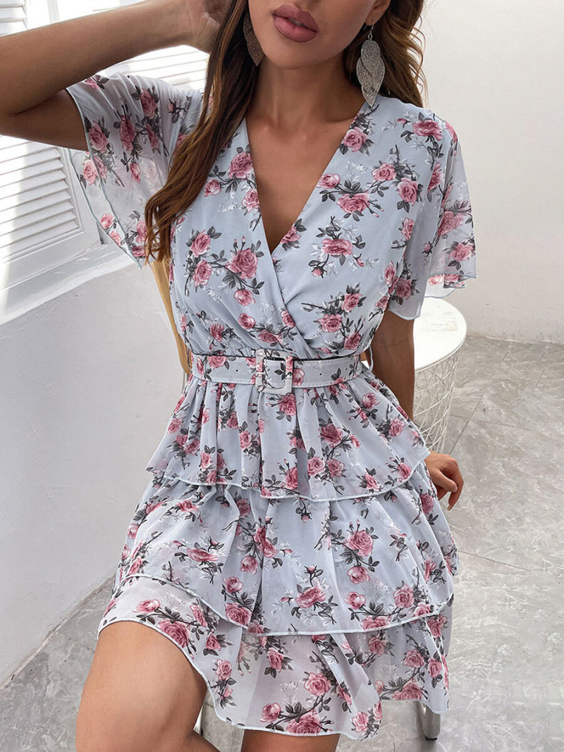 pleat waist midi dress with puff sleeve in floral print
